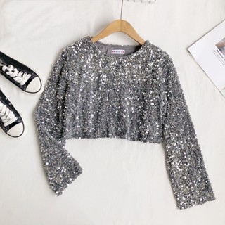 glitter top เสื้อเบลาส์ คอกลม แขนพัฟ แต่งกลิตเตอร์ ลายคริสต์มาส สําหรับผู้หญิง