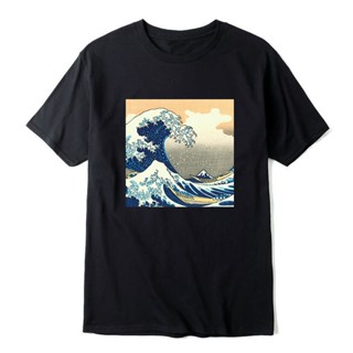 T-Shirtเสื้อยืด พิมพ์ลาย The Great Wave Katsushika Hokusai Kanagawa Wave Ukiyo E The Great Wave of Kanagawa สไตล์คลาสสิก