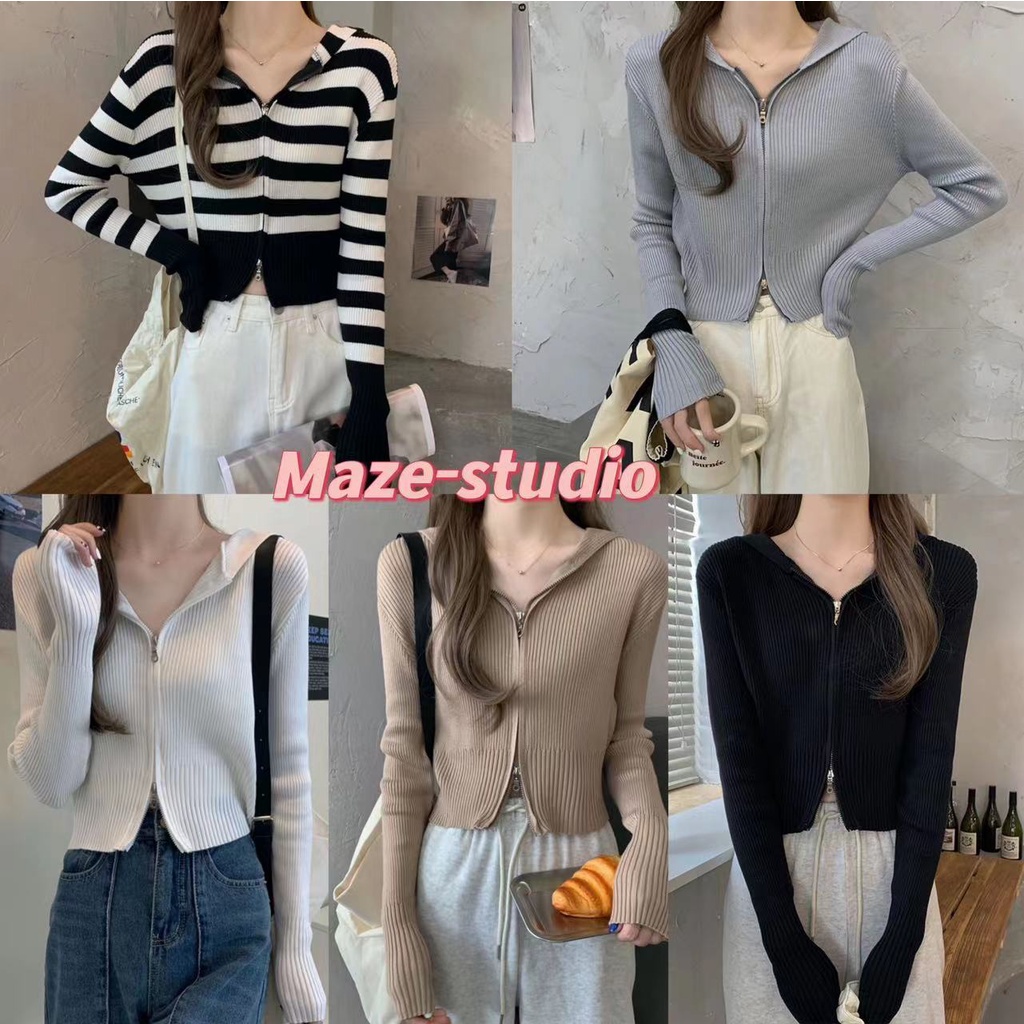 [Maze] | พร้อมส่ง | ️ เสื้อแขนยาวไหมพรหมมีซิปด้านหน้าใส่แล้วดูดีสุดๆ ดีเทลซิปรูดตรงกลาง （ 8548-2）