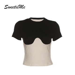 Sweeticme ใหม่ เสื้อยืดคอกลม แขนสั้น สีตัดกัน แฟชั่นสําหรับผู้หญิง 2022