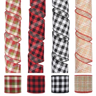 【AG】63mm Christmas Ribbon Wired Classic Plaid Thicker DIY Anti-fade Gift Packing Imitation Flax Large Bowknot Making Xmas Tree Ribbon for Festival