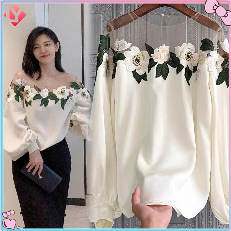 ใหม่ เสื้อเบลาส์ ผ้าเรยอน เปิดไหล่ ผ้าตาข่าย ปักลายดอกไม้ สไตล์ยุโรป สําหรับผู้หญิง