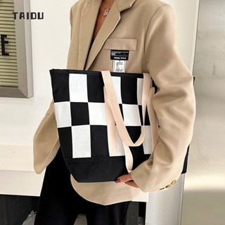 TAIDU ins กระเป๋าโท้ทจับคู่สไตล์ญี่ปุ่นและเกาหลี กระเป๋าสะพาย Tote Canvas ลายตารางใหม่ ความจุสูง การเดินทางทำงาน การท่องเที่ยว