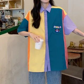 Rommers เสื้อเชิ้ตแขนสั้น ความยาวปานกลาง แบบบาง ทรงหลวม สีคอนทราสต์ สไตล์วินเทจ สําหรับผู้หญิง
