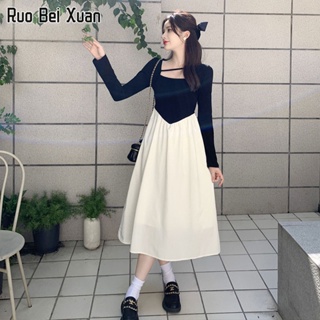 RUO BEI XUAN เดรสผู้หญิงสไตล์เกาหลีใหม่แขนยาวเอวสลิมชุดเดรสแฟชั่น