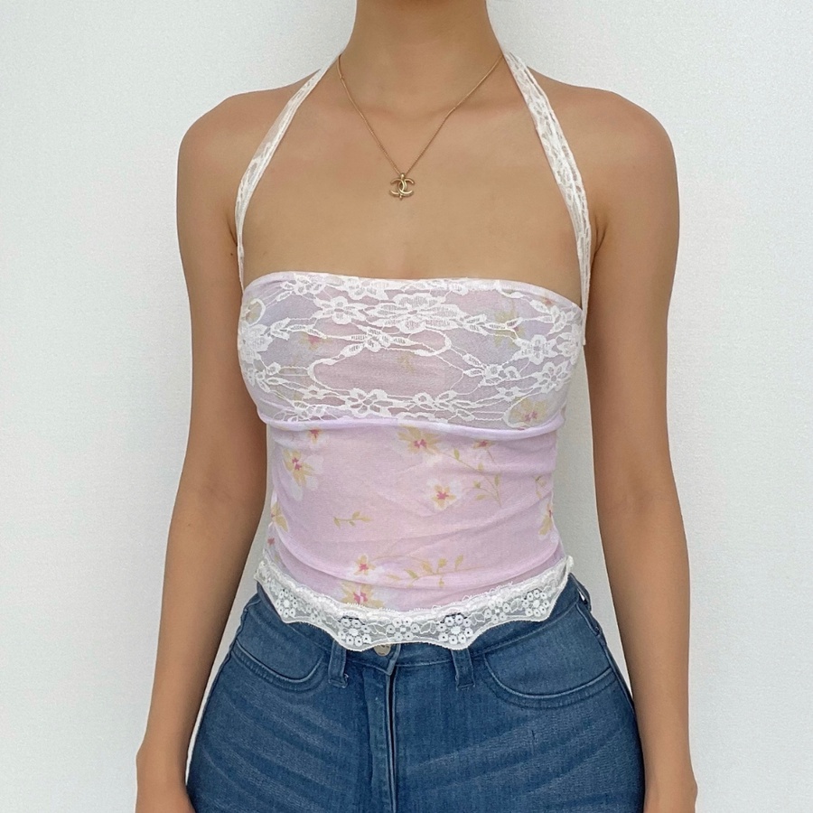 EA Women Sexy Tube Tops Flower Print Lace Patchwork Strapless Off Shoulder Cropped Tank Tops