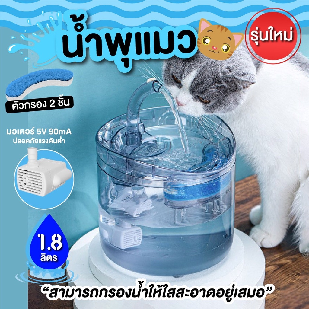 น้ำพุแมว น้ำพุน้องหมา  น้ำพุสัตว์เลี้ยง มีใส่กรองน้ำ กรองน้ำสำหรับสัตว์เลี้ยง แบบกลม สีใส น้ำพุแมวสัตว์เลี้ยงอัตโนมัติ