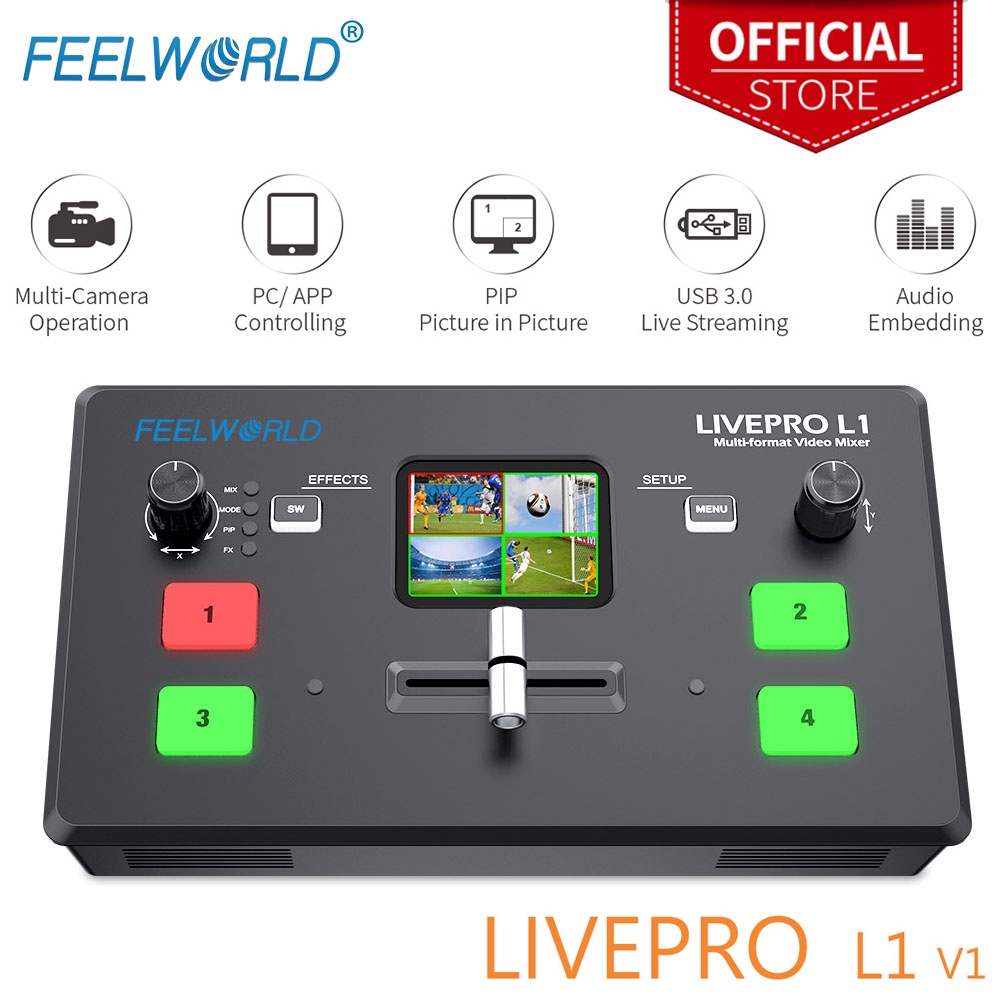 Feelworld LIVEPRO L1 V1 สวิตช์มิกเซอร์กล้องวิดีโอ หน้าจอ LCD 2 นิ้ว อินพุต HDMI USB 3.0 นําออก 4 ชิ้