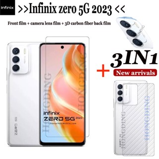 สําหรับ Infinix Zero 5G 2023 (3IN1) ตัวป้องกันหน้าจอ กระจกนิรภัยใส เต็มจอ + ฟิล์มคาร์บอนไฟเบอร์ + ฟิล์มเลนส์