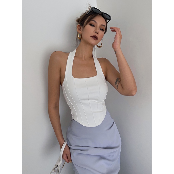 Blair Rib Corset Crop Top เสื้อครอปคล้องคอ ทรงคอร์เซ็ท ผ้าร่อง สไตล์ฝรั่ง_Gioia.991 ( #gii473 )