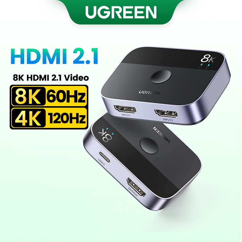 Ugreen สวิตช์แยก HDMI 2.1 8K@60Hz เข้า 2 ออก 1 รองรับ 3D CEC HDR Dolby AC ความเร็วสูง 48Gbps 4K@120H