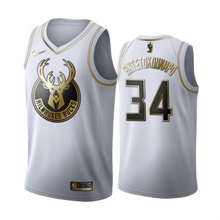 ขายดี 【10 แบบ】เสื้อกีฬาบาสเก็ตบอล ลาย NBA Milwaukee Bucks No.34 ANTETOKOUNMPO 19-20 สีทอง ขาว IFjlco18MFiklm87