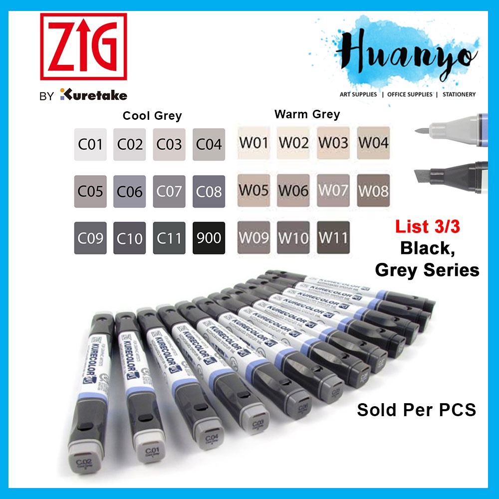 Zig Kurecolor Twin WS Colour Color Marker Cool Grey / Warm Grey / Grey Series KC-3000 List 3/3 (Per 