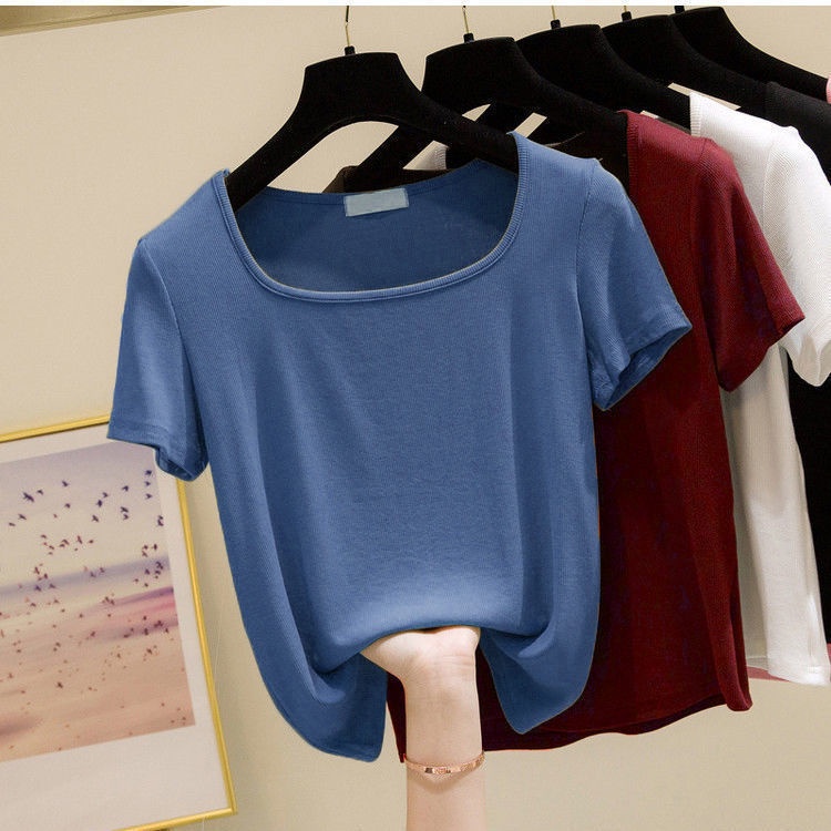 เสื้อยืดแขนสั้นผู้หญิงอวบ เสื้อยืดคอสี่เหลี่ยม ขนาดใหญ่ ออกแบบดี เสื้อแฟชั่นผู้หญิง