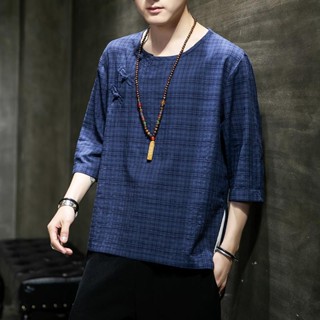 เสื้อยืดแขนสั้นลําลอง แขนห้าส่วน ผ้าลินิน ขนาดใหญ่ ลายสก๊อต แฟชั่นฤดูใบไม้ผลิ สําหรับผู้ชาย