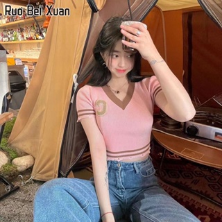 RUO BEI XUAN สตรีแขนสั้นด้านบนเวอร์ชั่นเกาหลีของใหม่สไตล์วิทยาลัยคอวีเสื้อยืดแขนสั้นบางเฉียบ