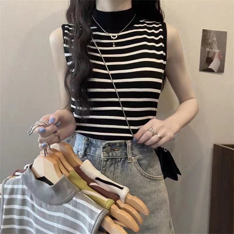 BaBy.So เสื้อยืดไหมพรม คอเต่า แขนกุด ไหมพรมลายทาง สีสดใส น่ารัก ฟรีไซส์ #A33