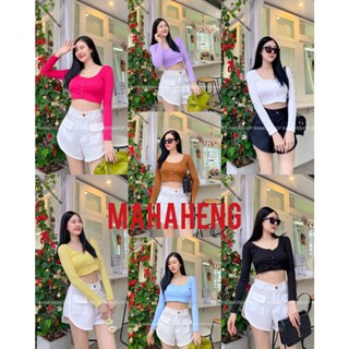 💰MahahengCloset 💰 เสื้อครอปผู้หญิง ครอปแขนยาว คอกลม แต่งกระดุม สีสดใส มินิมอล แฟชั่นผู้หญิง ครอปแฟชั่น แฟชั่นเกาหลี ครอป