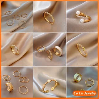 แหวนแฟชั่นเกาหลี ประดับโบว์ พลอยเทียม สีทอง ปรับได้ สําหรับผู้หญิง COCOJEWELRY