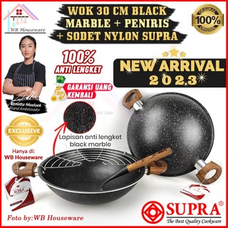 NEW SUPRA Wok set black marble 30cm + peniris + sodet / wajan kuping kuali penggorengan anti lengket