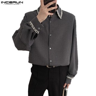 Incerun เสื้อเชิ้ตลําลอง แขนยาว ลายสก๊อต ทรงหลวม สไตล์หรูหรา