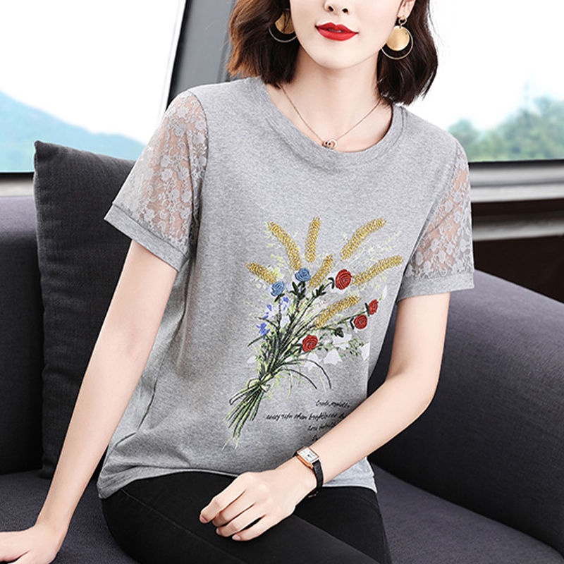 เสื้อยืดแขนสั้น ทรงหลวม ขนาดใหญ่ แต่งลูกไม้ แฟชั่นสําหรับผู้หญิง