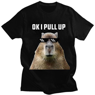 ใหม่ เสื้อยืดลําลอง ผ้าฝ้าย แขนสั้น พิมพ์ลาย Ok I Pull Up Capybara ทรงหลวม สไตล์โกธิค แฟชั่นสําหรับผู้ชาย