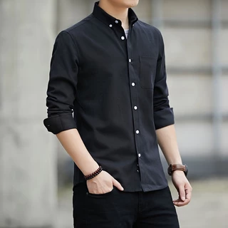 เสื้อเชิ้ตผู้ชายสีพื้นแขนยาว เสื้อเชิ้ตสไตล์เกาหลีผ้า Oxford