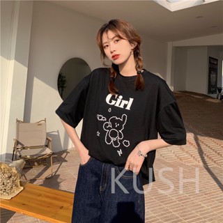 KUSH 2023 ฤดูร้อนใหม่แขนสั้นเสื้อยืดหญิงหลวมนักเรียนผ้าฝ้ายบางครึ่งแขนพิมพ์สนุก KU318