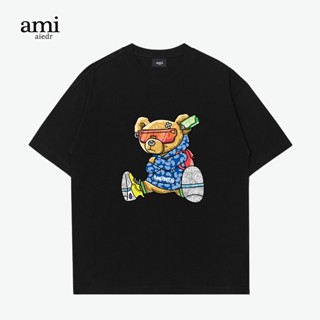 เสื้อยืดแขนสั้นลําลอง ผ้าฝ้าย ทรงหลวม พิมพ์ลายการ์ตูนหมี แบรนด์ Ami aiedr สําหรับผู้ชาย และผู้หญิง