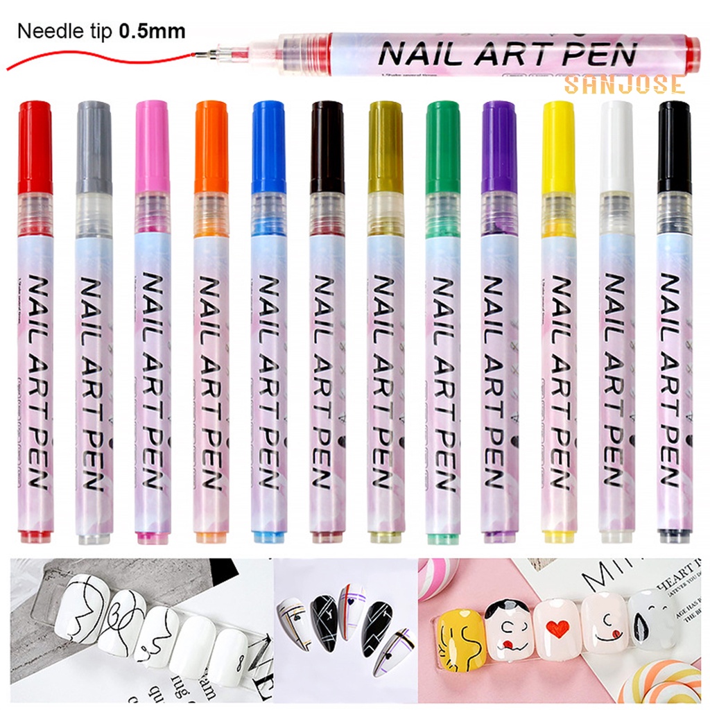 Sj 0.5 มม. ปลายเข็ม แห้งเร็ว สร้างสรรค์ ปากกาเพ้นท์เล็บ 12 สี พลาสติก กันน้ํา ระบายสี ซับ