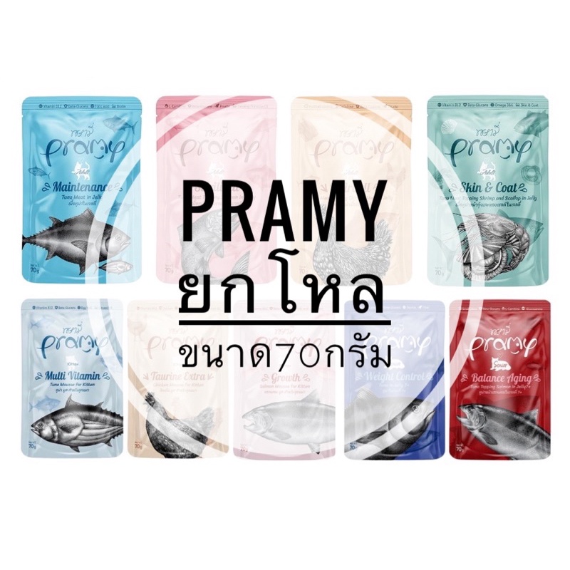 (ยกโหล) Pramy พรามี่ อาหารเปียกแมว สุขภาพดี ขนาด 70 กรัม (โหล 12 ซอง)