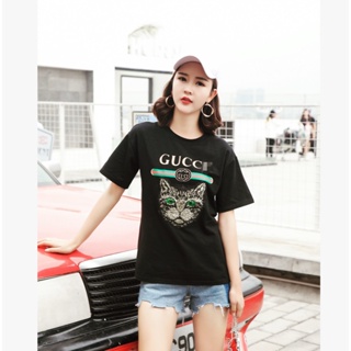 Summer Women Short Sleeve O-neck Cat Head Print Soft T-shirt_07