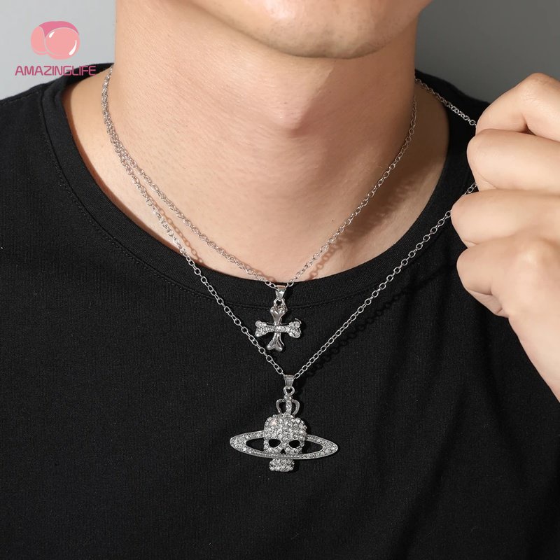 บุคลิกภาพ พังก์ กอธิก เต็มรูปแบบ เพชร ดาวเสาร์ กะโหลก ไม้กางเขน จี้ สร้อยคอ / 1 ชุด ฮิปฮอป สองชั้น กระดูกกะโหลก กระดูก
