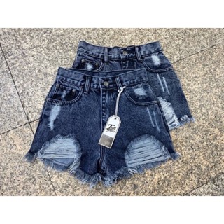 กางเกงยีนส์แต่งขาดขา ตามรูป สีฟอกสโนว์ดำป้าย Tan jeans