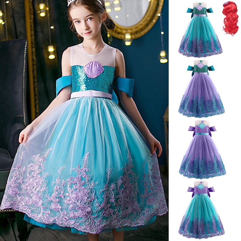 ใหม่ Mermaid Lace Princess Ariel ชุดเดรสยาวสาวชุดคอสเพลย์ Brithday Party 2 ถึง 10 ปี
