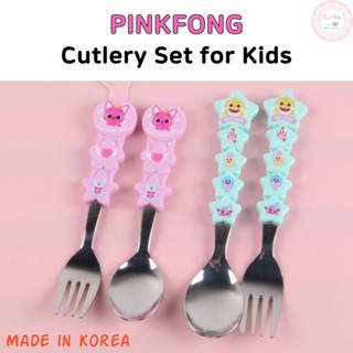 Pinkfong ชุดช้อนส้อม และส้อม ลายฉลาม สีชมพู ทําจากเกาหลี สําหรับเด็ก ทานอาหารเย็น เมลามีน