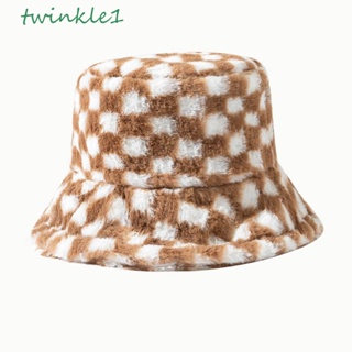 Twinkle1 หมวกบักเก็ต ผ้าวูล ลายสก๊อต แบบพกพา พับได้ สไตล์ลําลอง สําหรับผู้หญิง