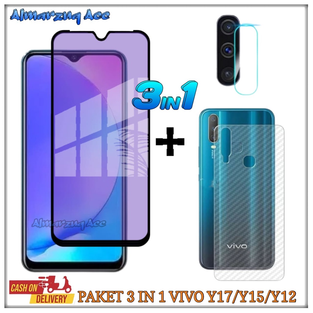 Vivo Y17/Y15/Y12 3-in-1 Tempered Glass Blue + Tempered Glass Camera + Skin Carbon