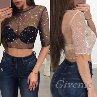 Giveme- เสื้อครอปท็อปซีทรู แขนกลาง ผ้าตาข่ายโปร่ง ปักเลื่อม ฤดูร้อน สําหรับผู้หญิง