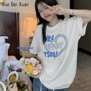 RUO BEI XAUN เสื้อยืดผู้หญิงผ้าฝ้ายแขนสั้นสไตล์เกาหลีเสื้อยืดหลวมแฟชั่นพิมพ์ลายแขนสั้น