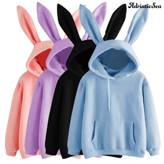 [ADS]♧เสื้อกันหนาว มีฮู้ด แต่งหูกระต่ายน่ารัก สีพื้น สําหรับผู้หญิง