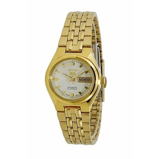 Karnvera Shop Seiko 5 นาฬิกาข้อมือผู้หญิง สายสเตนเลสสตีล รุ่น SYMK46K1 - Gold/White