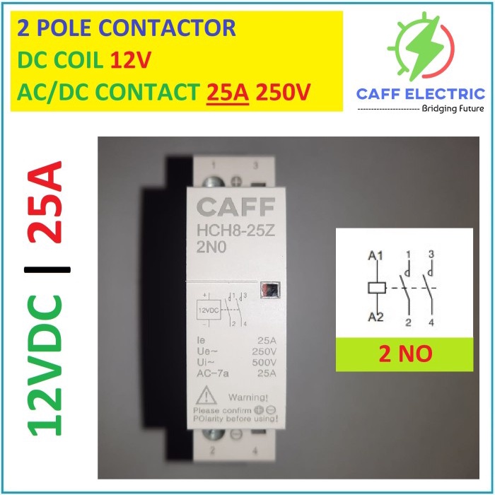 Caff DIN RAIL DC CONTACTOR 2P COIL 12VDC CONTACT DC/AC 250V 25A 2-NO NAI27