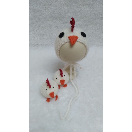 KNITTED CHICKEN COSTUME SET BONNET & DOLL PROPERTY NEWBORN BABY PHOTOSHOOT /PHOTOGRAFER BABY
