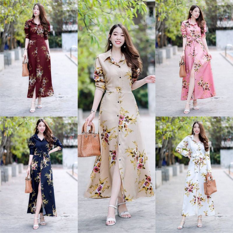 Maxi dress ปกเชิ้ตลายกุหลาบ ติดดระดุมด้านหน้าเปิดได้ มึเชือกผูกเอว สวยหรูไฮโซสุดๆงานผ้าโฟเวย