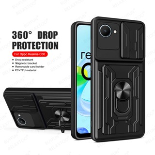 For OPPO Realme C30 4G Case Slide Magnetic Stand Ring Camera Military Grade Card Slot Shockproof Cover On Realmi C 30 s 30s C30 C30s