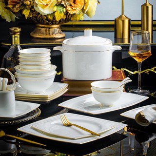 tableware ชุดจานชาม ชุดจานชามเซรามิค จานชามเซรามิค เซรามิคเนื้อโบนไชน่า สีขาว แต่งขอบทอง สไตล์ยุโรป 62/ชุด