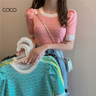 Coco~เสื้อยืด เสื้อถักแขนสั้น แขนฟองสไตล์ฝรั่งเศสวินเทจ แฟชั่นผู้หญิง