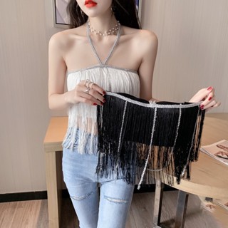 shop24📱สต็อกไทย เสื้อเกาะอก สายเพชรคล้องคอ แต่งพู่สายห้อยยาว 2 สี (มีฟองน้ำ)